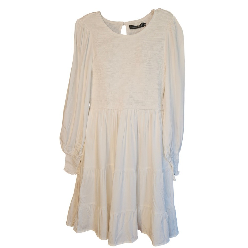 Merokeety‎ Womens White Smocked Tiered Mini Dress Long Balloon Sleeve Size Small